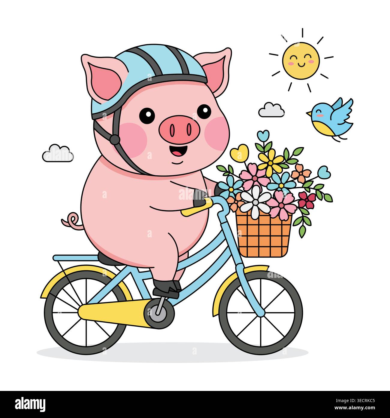 Cute Cartoon Pig Riding Bicycle with Flowers, a Little Bird, Happy Sun and Clouds Illustration Stock Vector