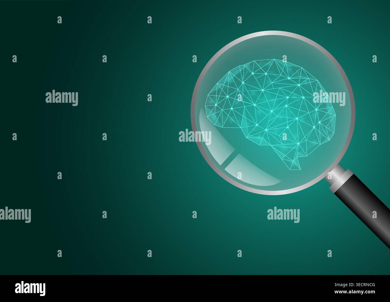 Brain. Brain with Magnifying Glass. Artificial intelligence. Brainstorm, Creativity and Thinking Idea Concept. Vector Illustration. Stock Vector