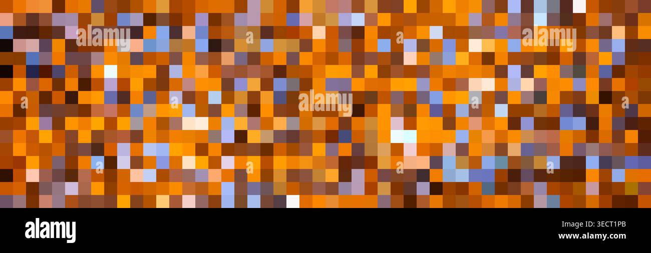 Digital square pixels forming an artistic mosaic texture background with orange, brown, and blue colors Stock Photo