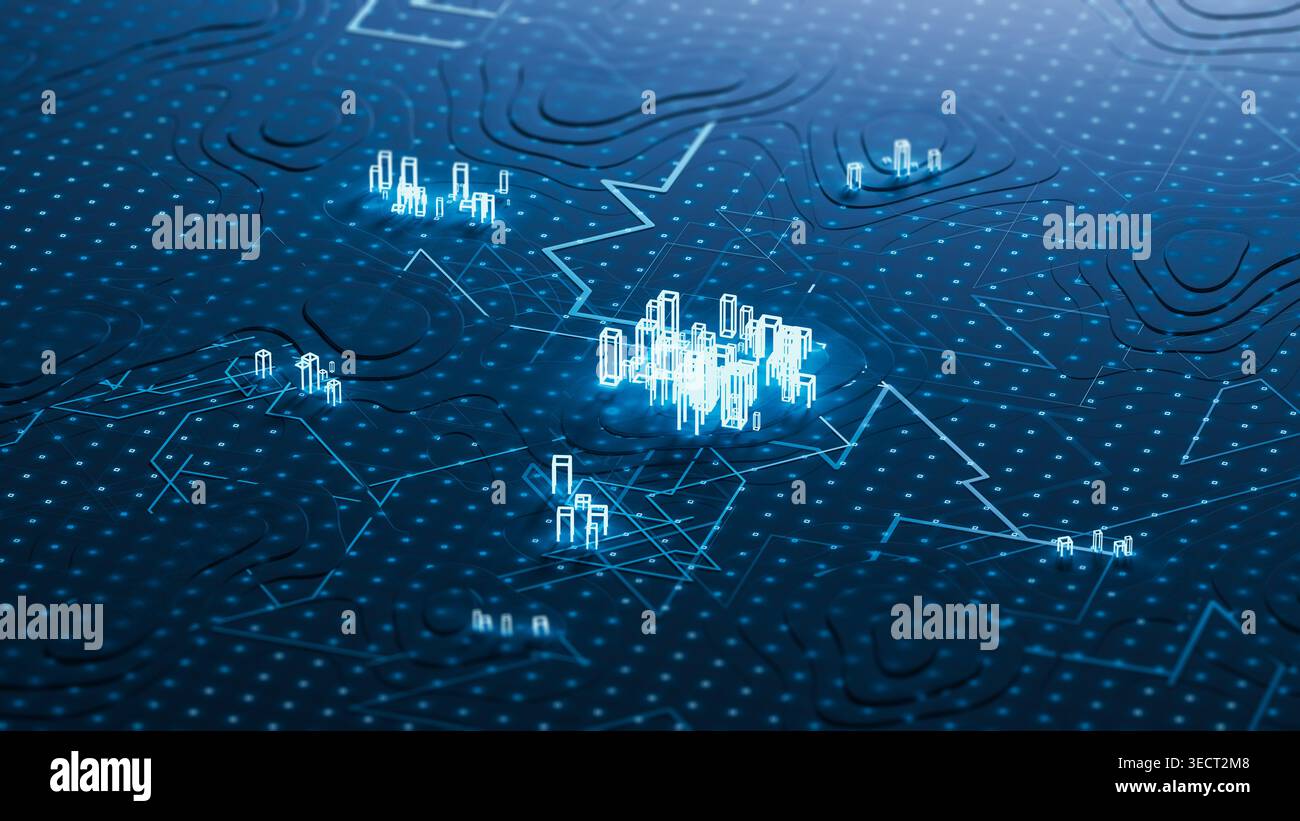 Digital data points show connections and patterns on a technology background. This scene captures modern technological designs and data flows. Stock Photo