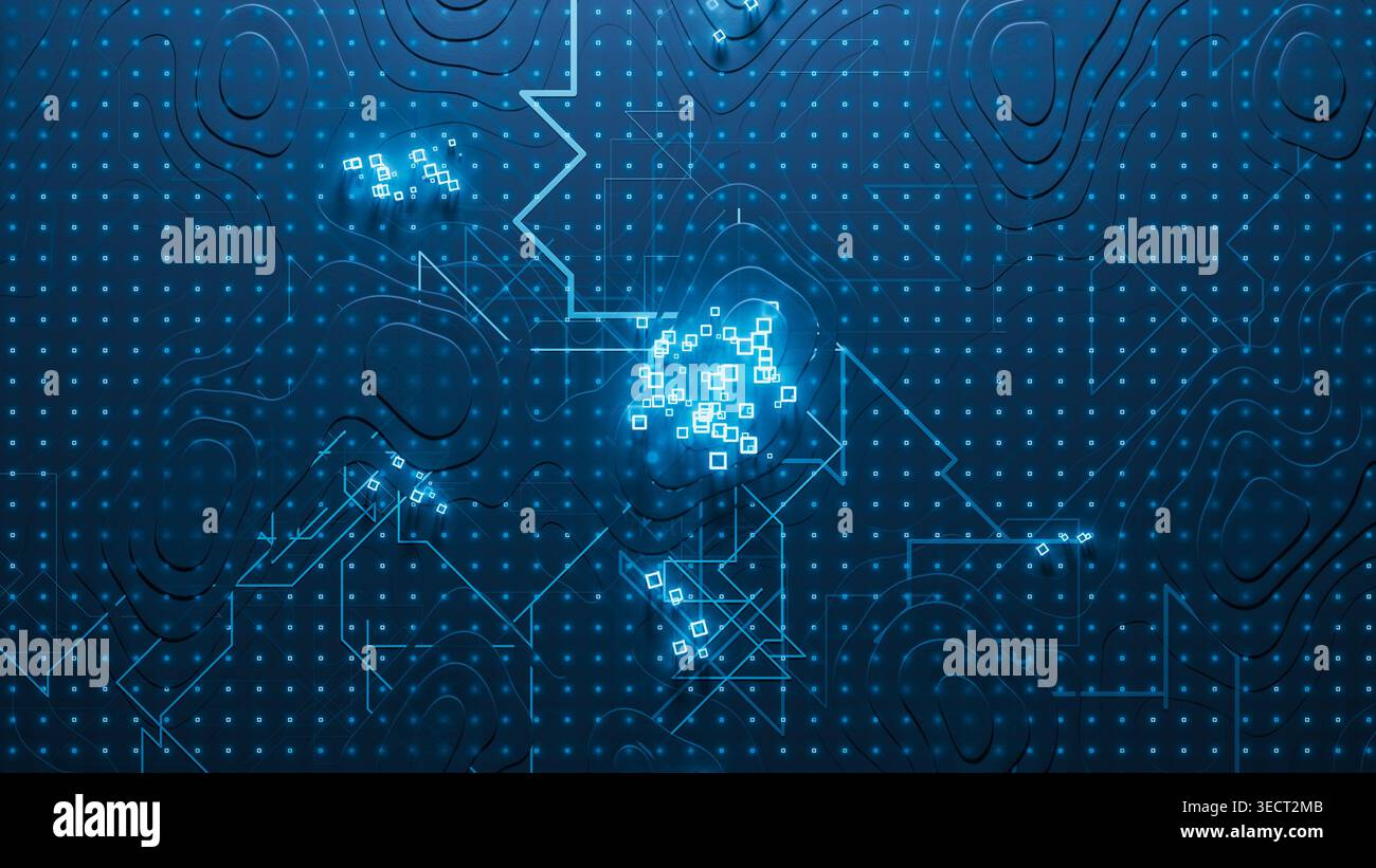 Digital data points show connections and patterns on a technology background. This scene captures modern technological designs and data flows. Stock Photo