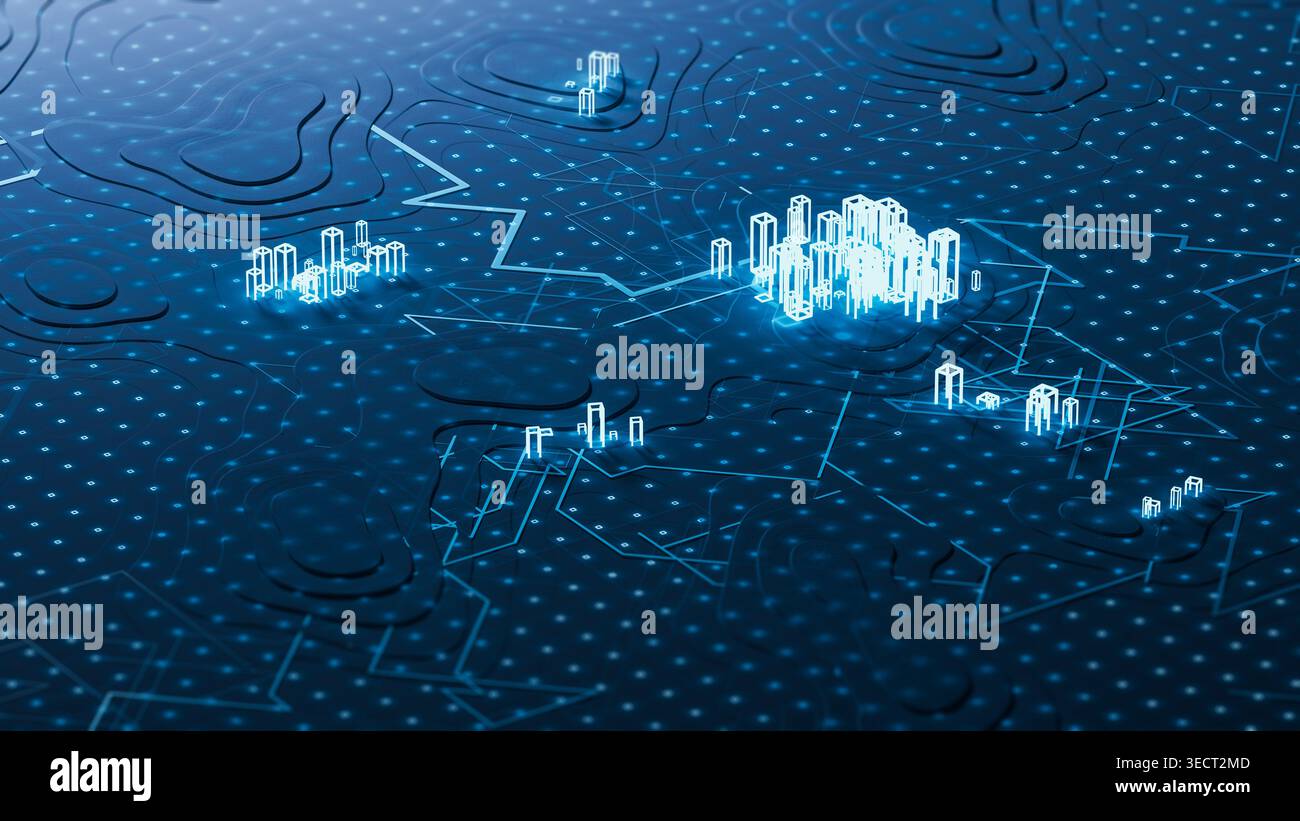 Digital data points show connections and patterns on a technology background. This scene captures modern technological designs and data flows. Stock Photo