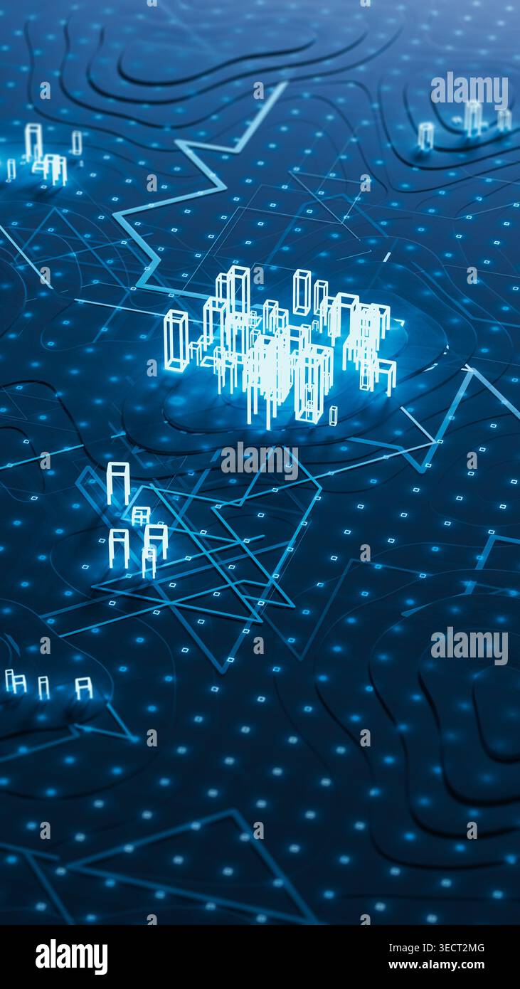 Digital data points show connections and patterns on a technology background. This scene captures modern technological designs and data flows. Stock Photo