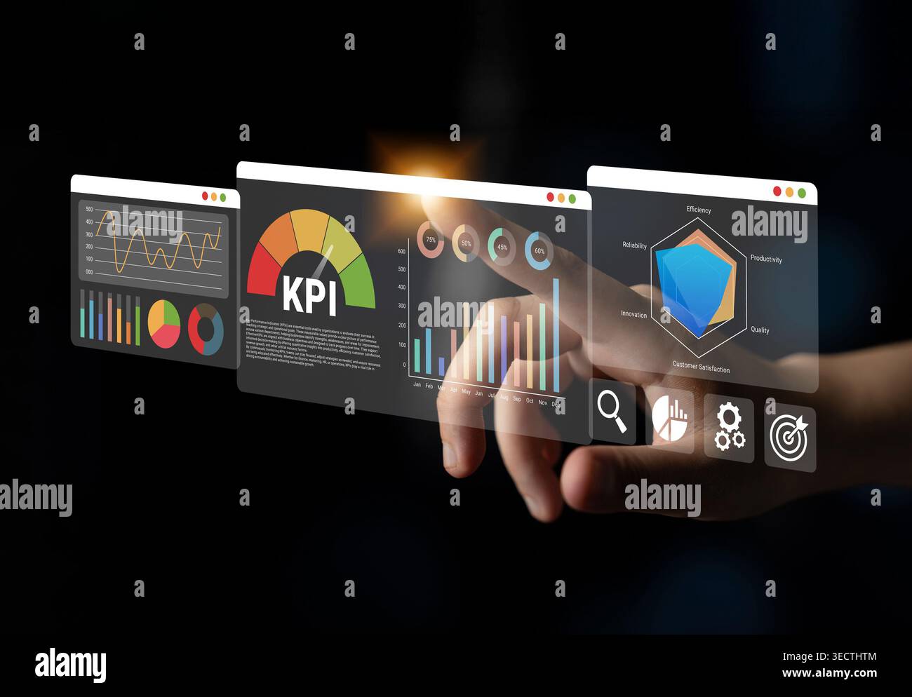 This image features an interactive dashboard displaying KPIs and various data visualization elements, providing insights for effective business Stock Photo