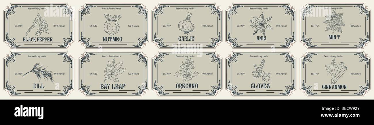 Vintage herb labels in elegant, aged frames Stock Vector
