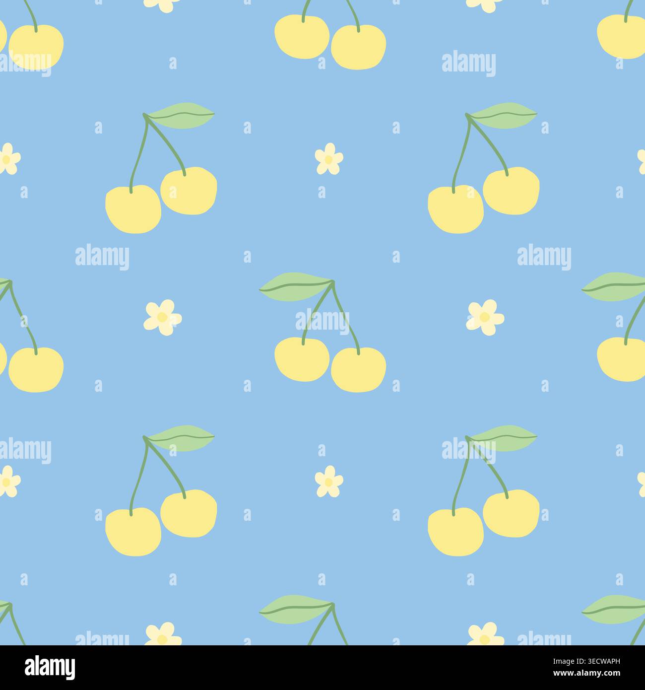 Seamless cherry pattern with flowers on blue background in cute flat style Stock Vector