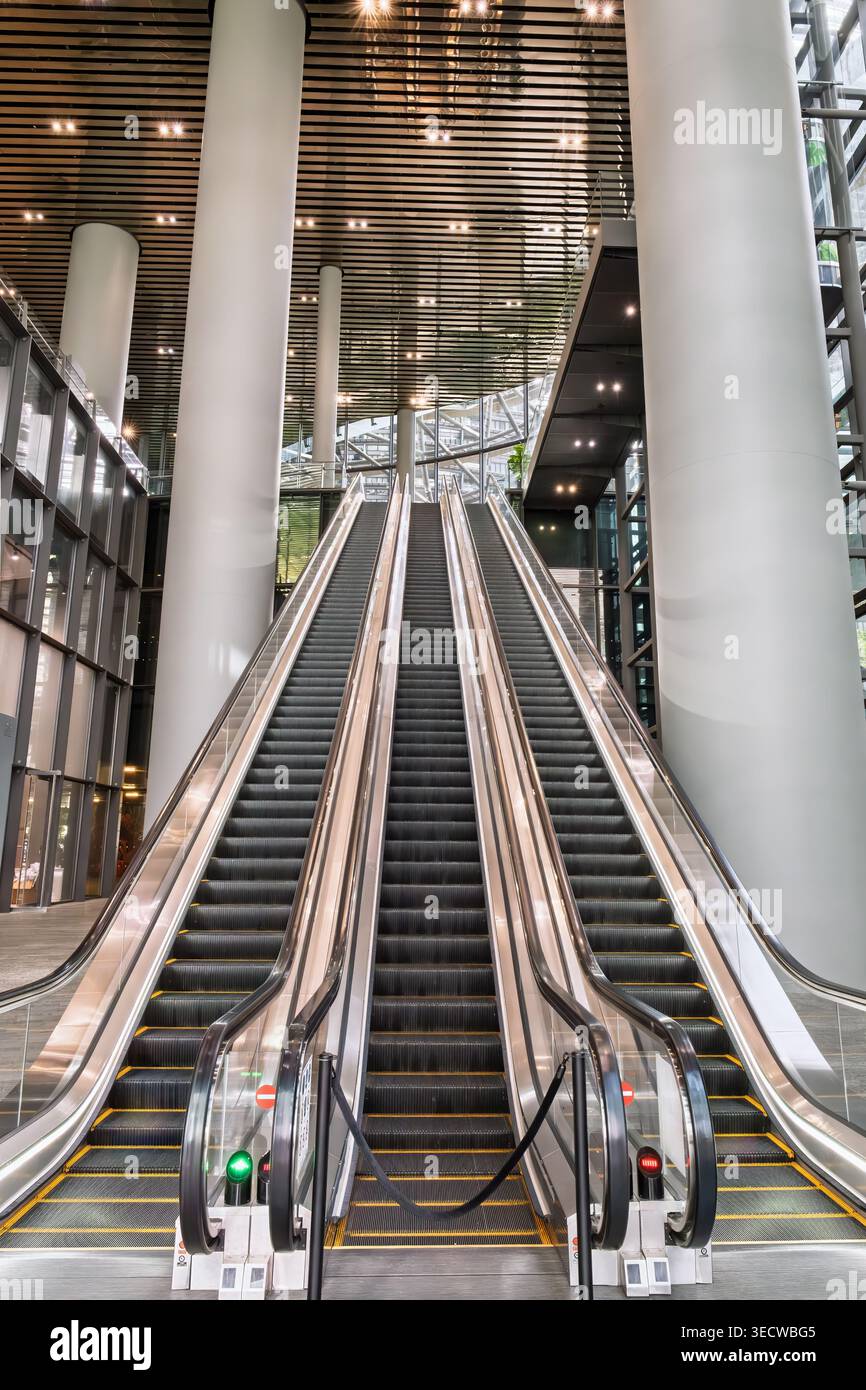 Symmetrical escalators rising inside contemporary interior with tall ...