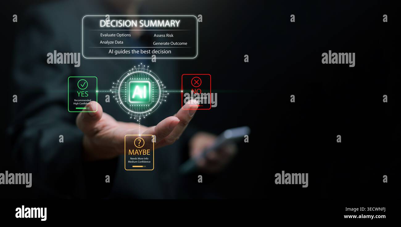 Artificial intelligence decision making concept with hand holding AI ...