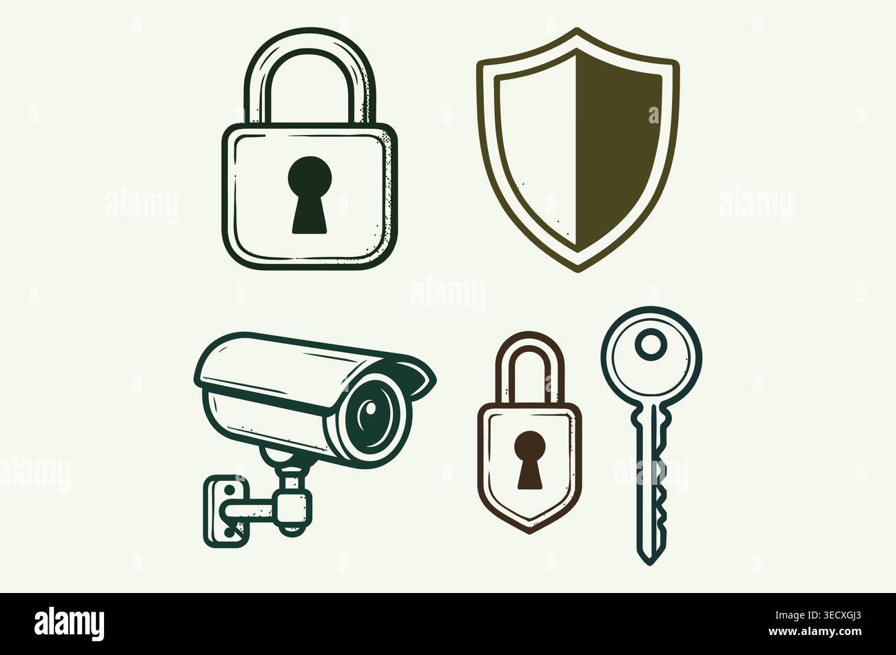 Vintage security protection icons engraving style vector elements set Stock Vector