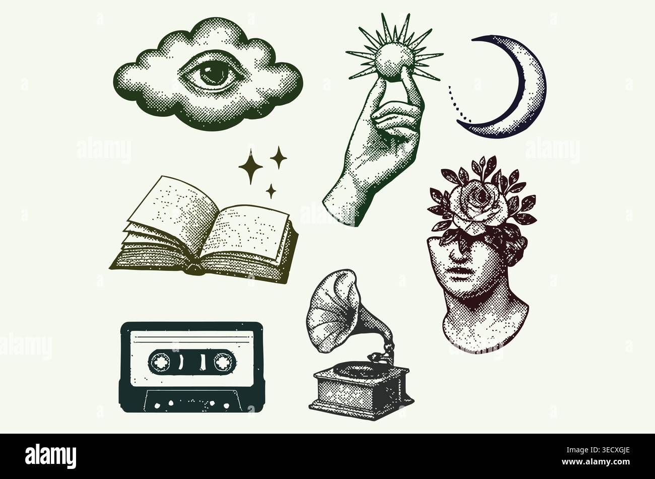 Vintage mystical esoteric line art set with classical statue and celestial doodle elements Stock Vector
