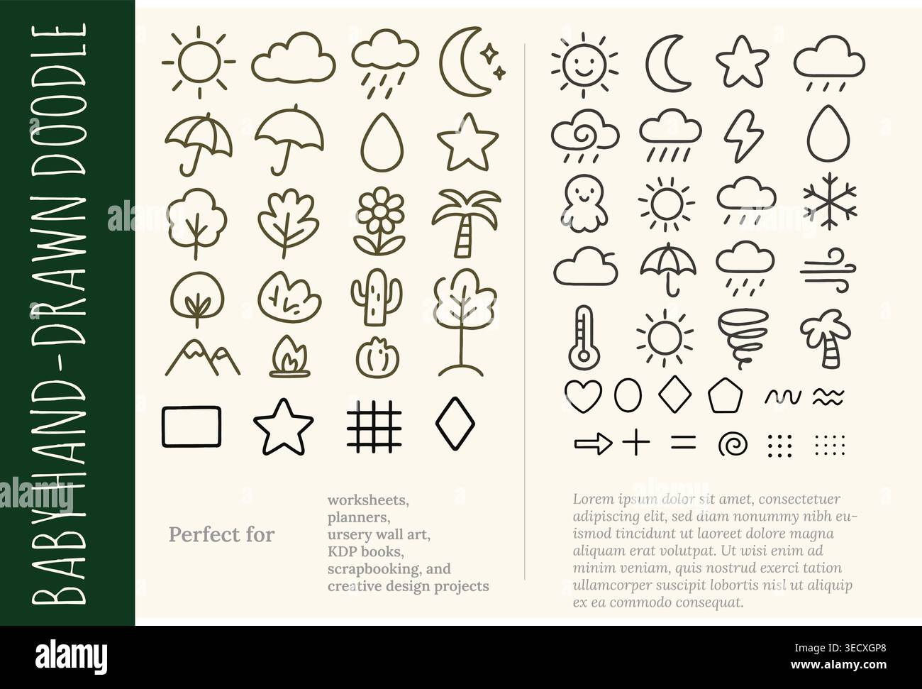 Hand drawn weather forecast icons and cute nature journaling doodle set Stock Vector