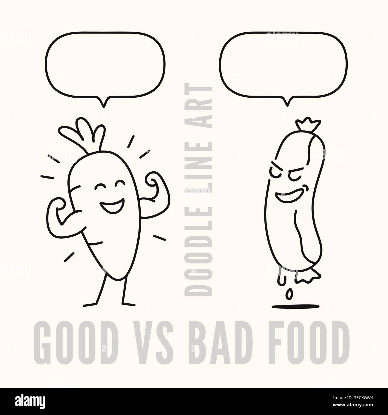 Healthy carrot vs unhealthy sausage mascot cartoon doodle set with ...