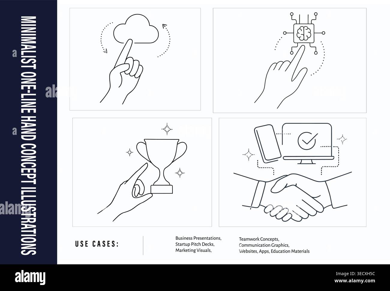 Minimalist artificial intelligence and cloud computing technology line art concept illustration set Stock Vector