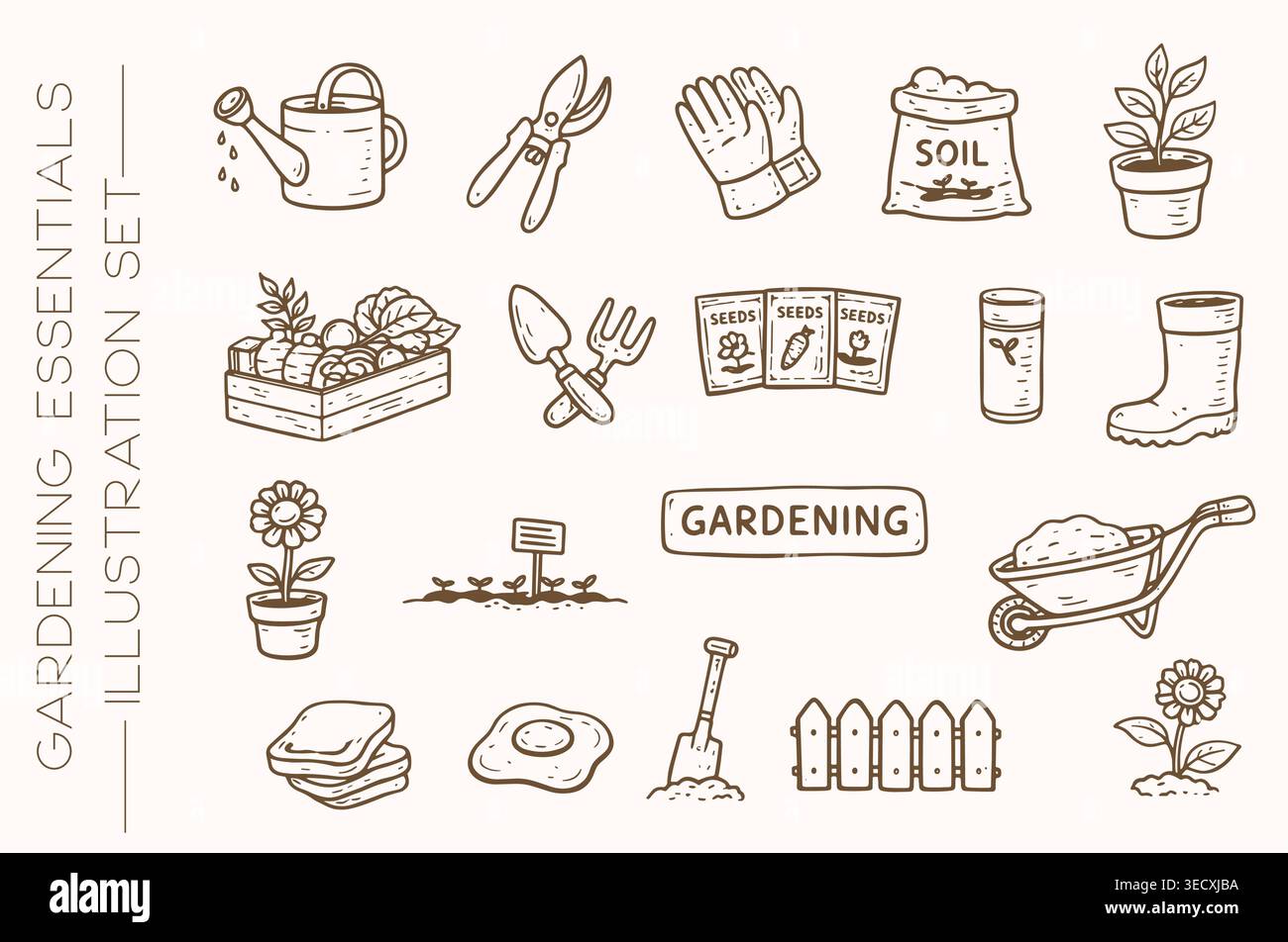 Hand drawn gardening essentials illustration set with eco-friendly tools Stock Vector