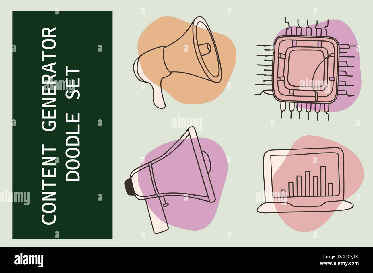 Creative collection of whimsical AI content doodles featuring microchip and megaphone Stock Vector