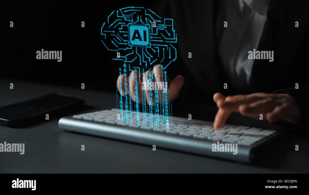 Hands Typing on Keyboard with Artificial Intelligence Concept Highlighted through Digital Graphics and Data Patterns Against Dark Background Gluon. Stock Photo