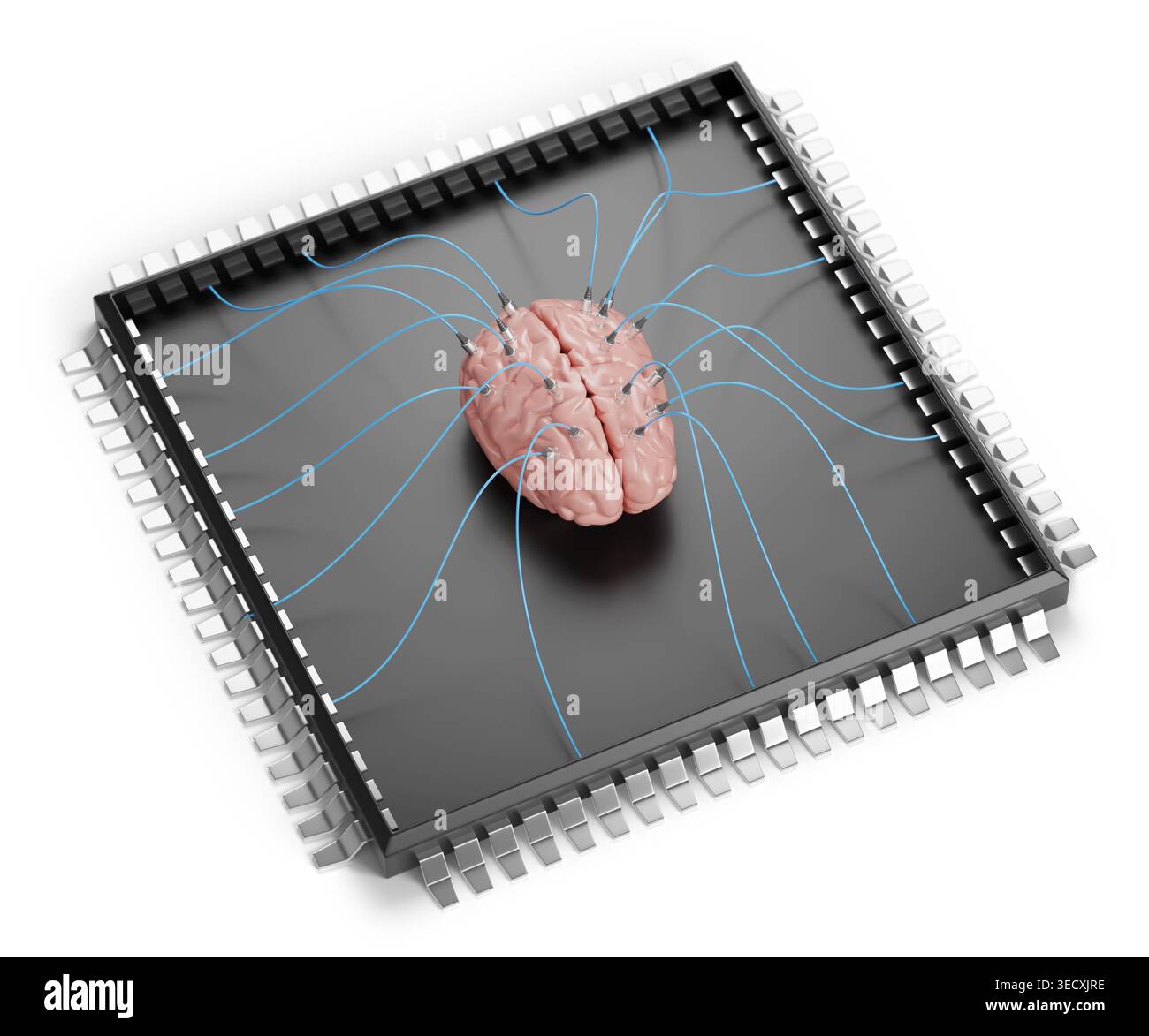 Computer chip with a brain inside. Artificial intelligence concept. 3D illustration. Stock Photo
