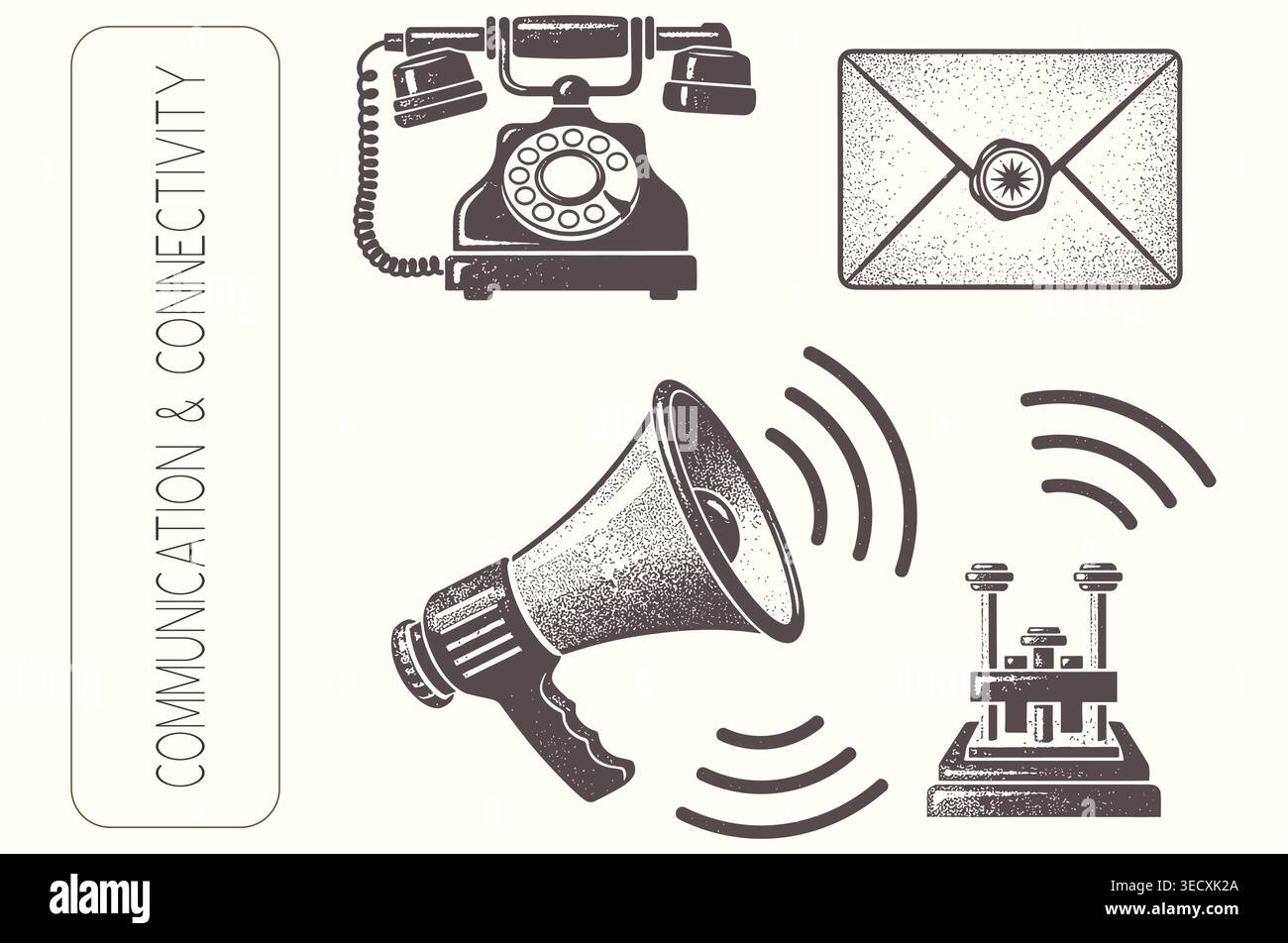 Vintage engraved communication and connectivity icon set with retro elements Stock Vector