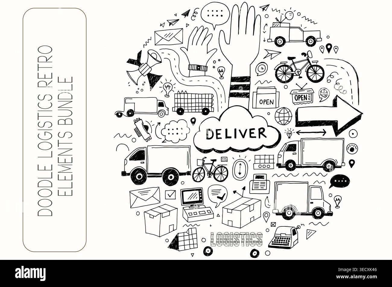 Creative collection of minimalist transportation doodles featuring delivery trucks and parcels Stock Vector