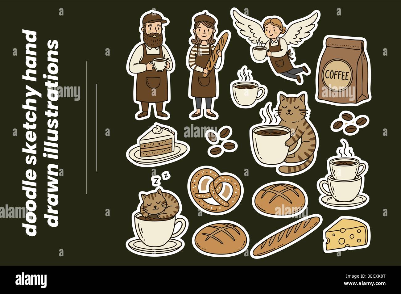 Doodle sketchy hand drawn illustrations for coffee and bakery theme Stock Vector