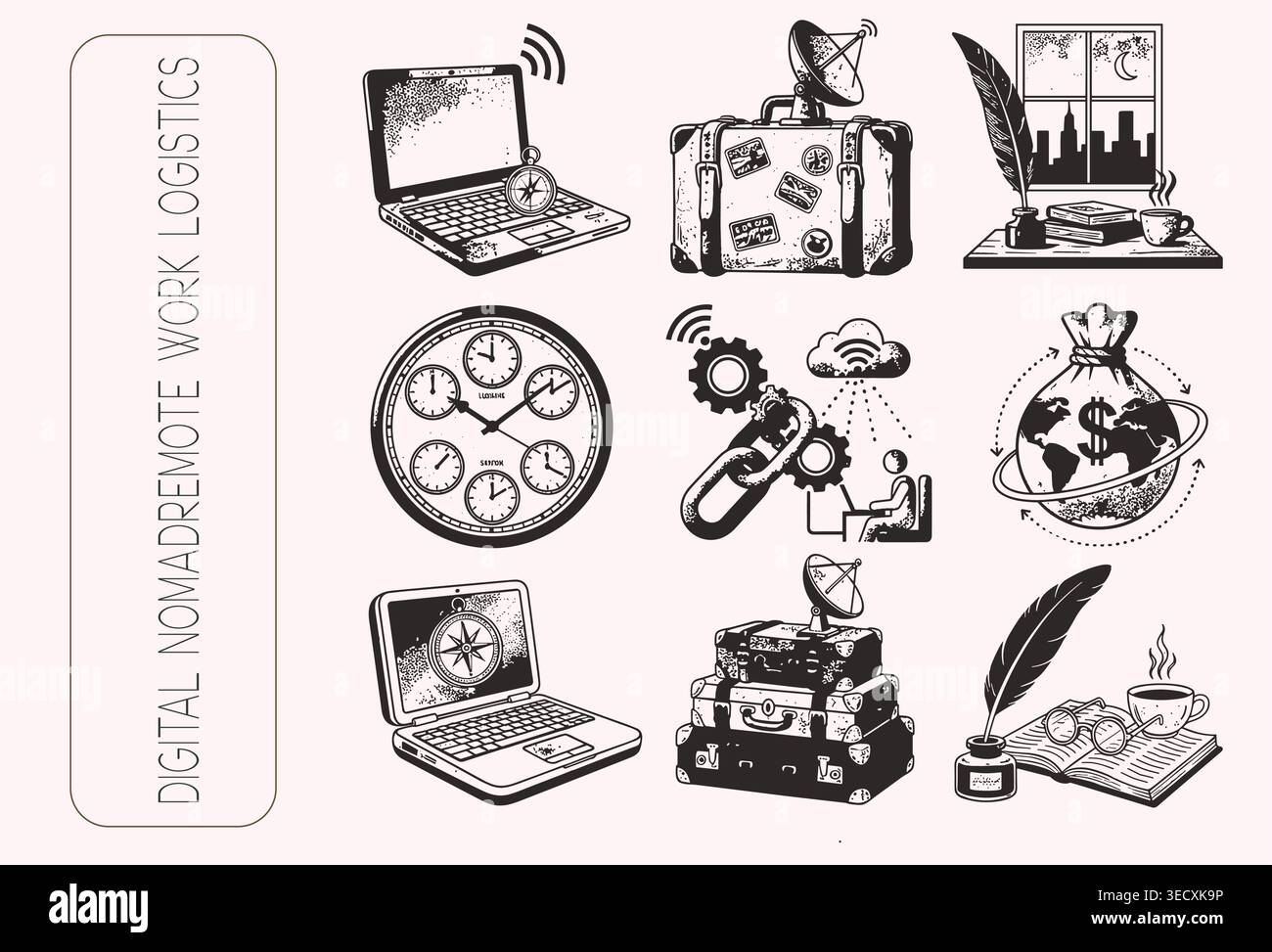 Vintage engraved digital nomad and remote work logistics icon set Stock Vector