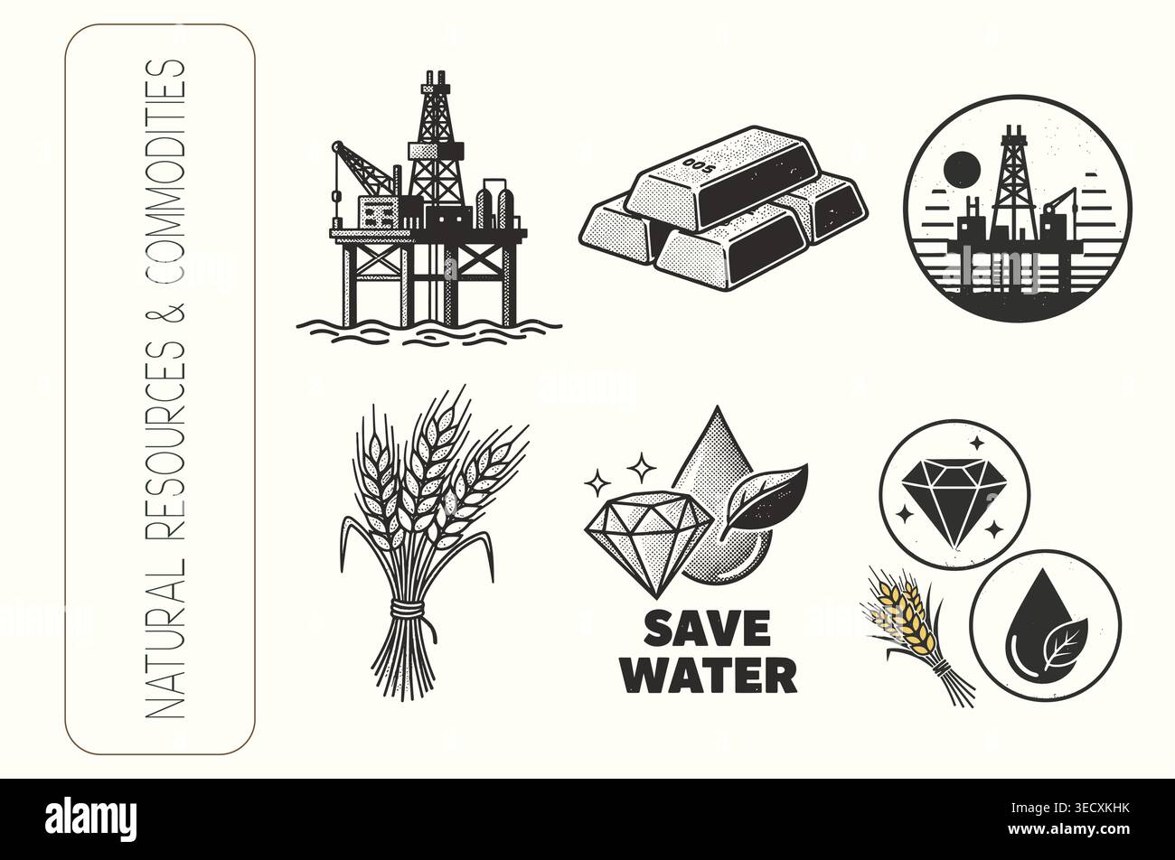 Retro style industrial elements featuring oil rig, gold bars, and wheat stalks Stock Vector