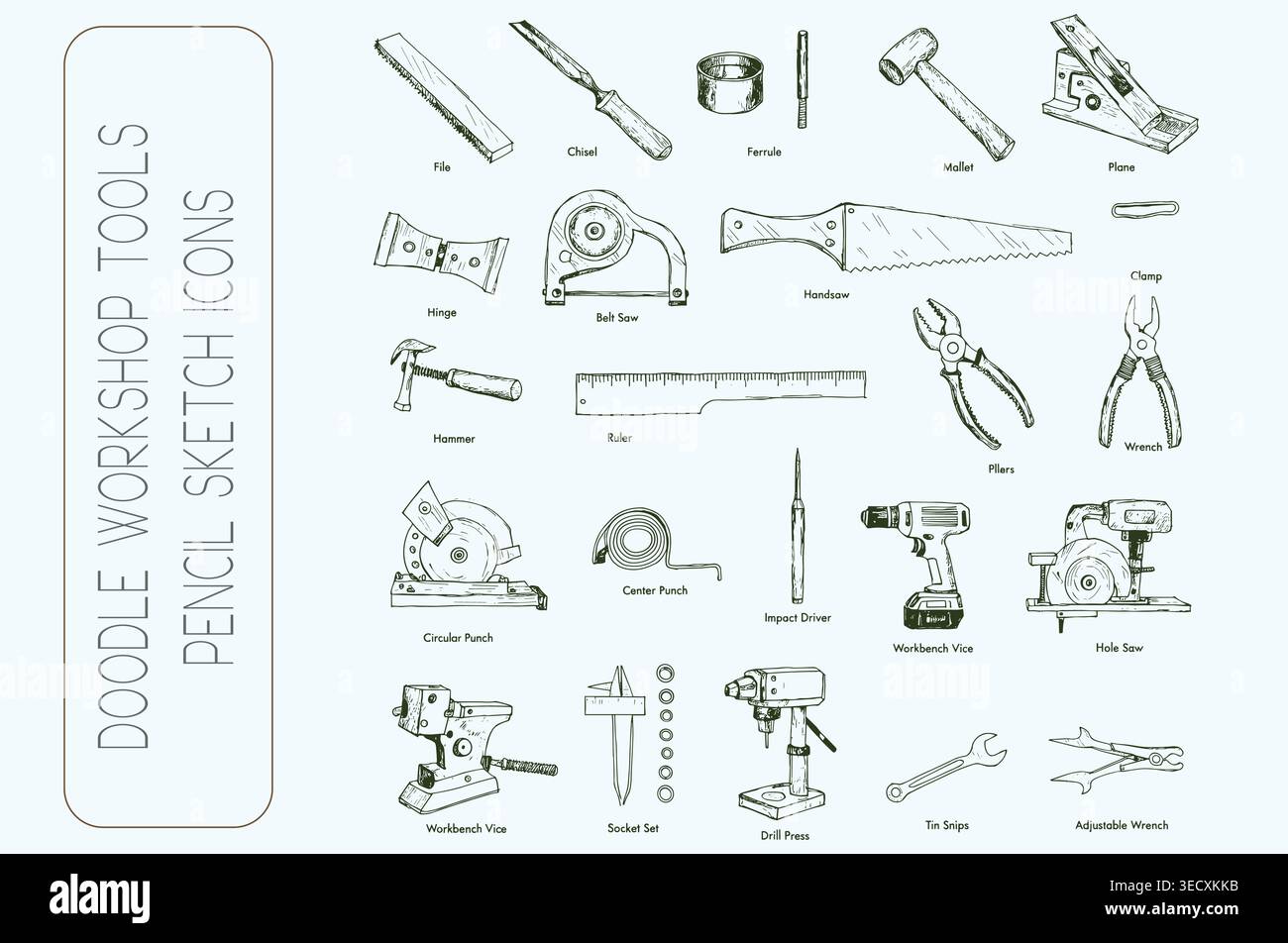 Hand drawn doodle workshop tools pencil sketch icons set with hardware elements Stock Vector
