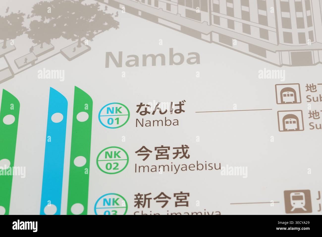 Station map shows three train stops clearly labeled. Green lines mark ...