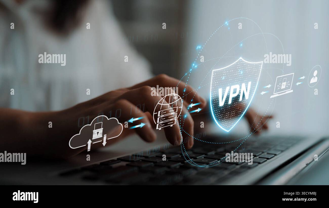 VPN security protects network access. VPN security encrypts data, hides identity, VPN security defends traffic, and VPN security secures connection Stock Photo