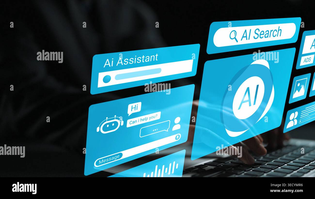 Digital Interface with AI Assistant and Search Functionality Showcasing Advanced Technology Interaction for Modern Users in a Dark Environment Gluon. Stock Photo