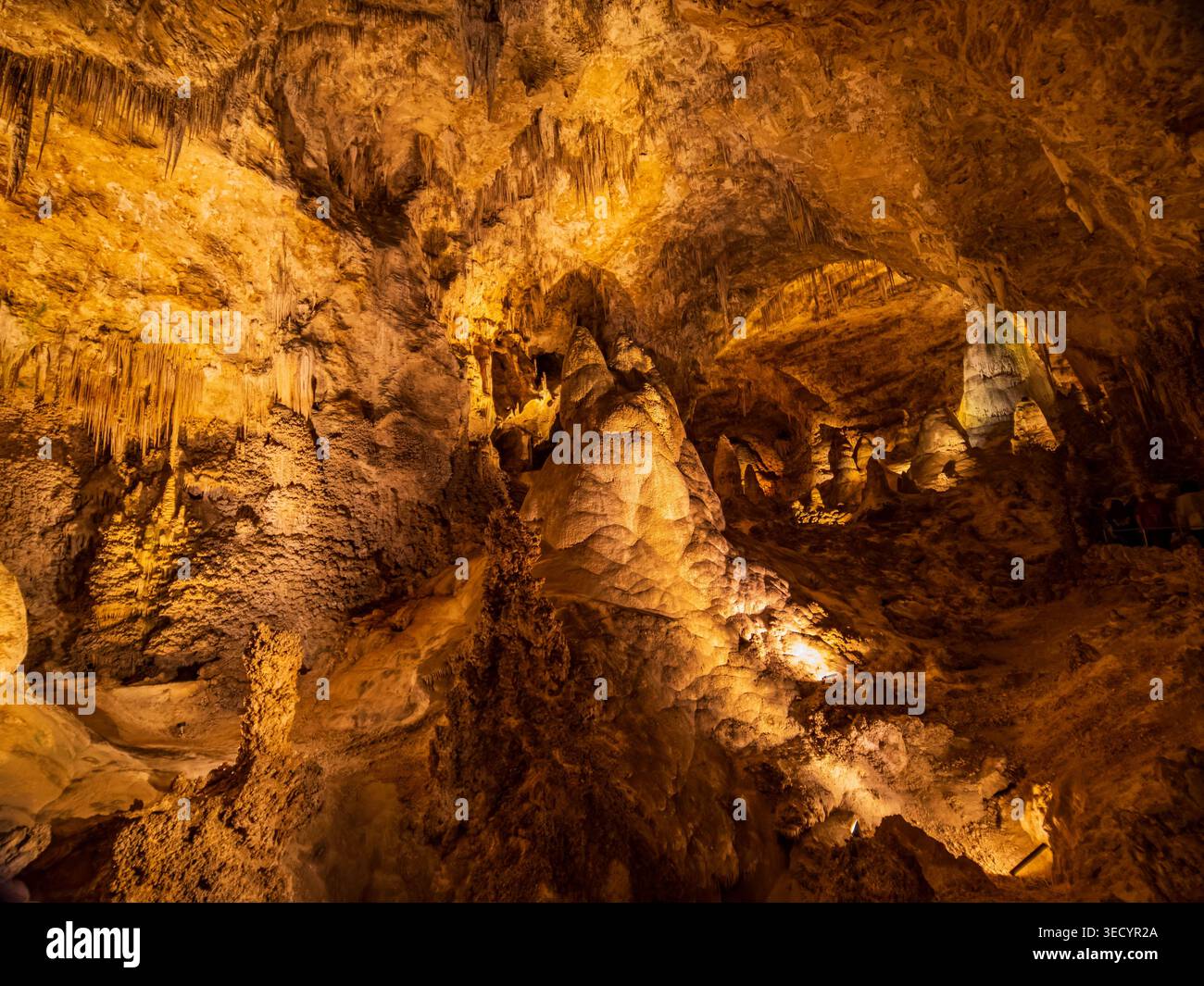 Golden lighting reveals a complex array of stalactites and stalagmites ...