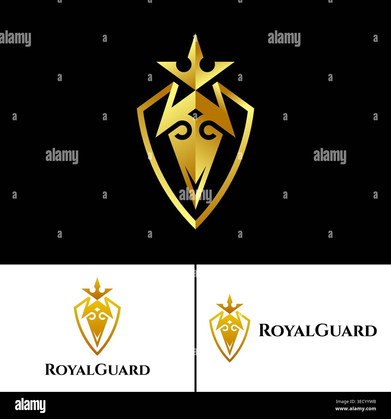 Shield icon with crown and sword. Abstract security logo design. Stock Vector