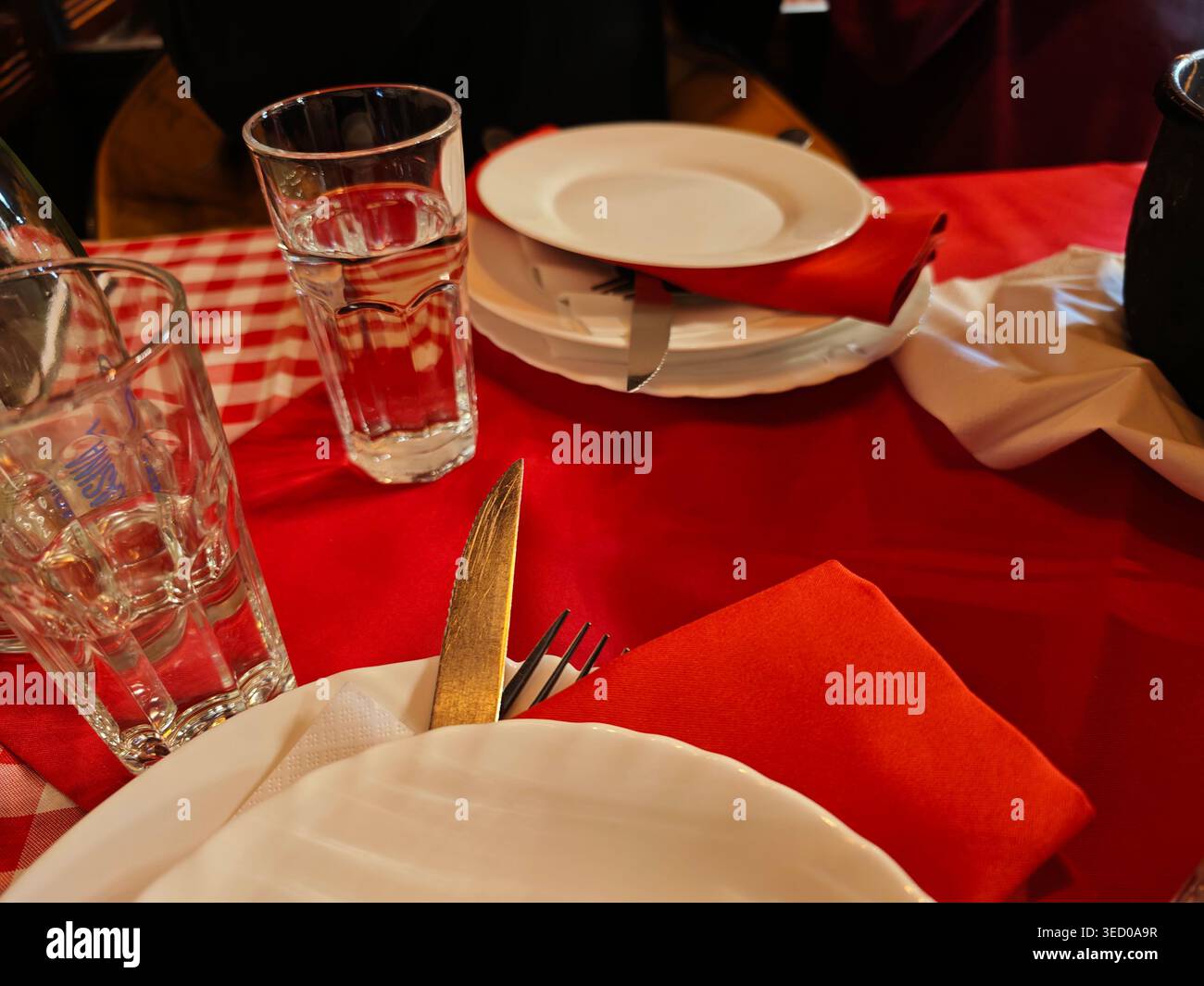 Restaurant Table Setting Glasses Plates Cutlery Napkins Stock Photo