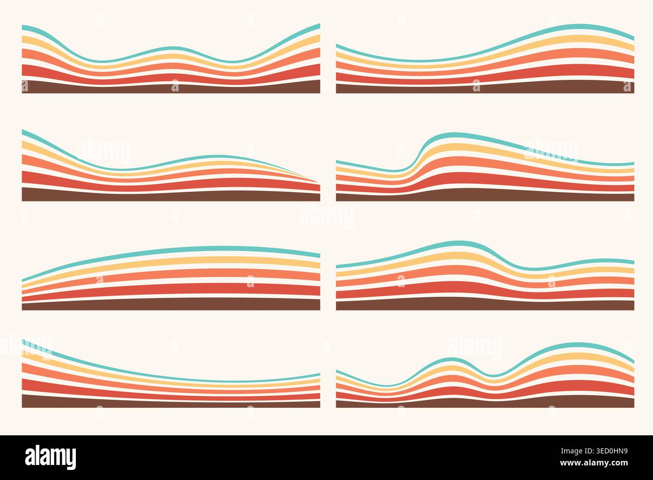 Wavy divider vector shapes. Curved borders and headers with rainbow striped texture for website page design. Separator bottom, simple modern Stock Vector