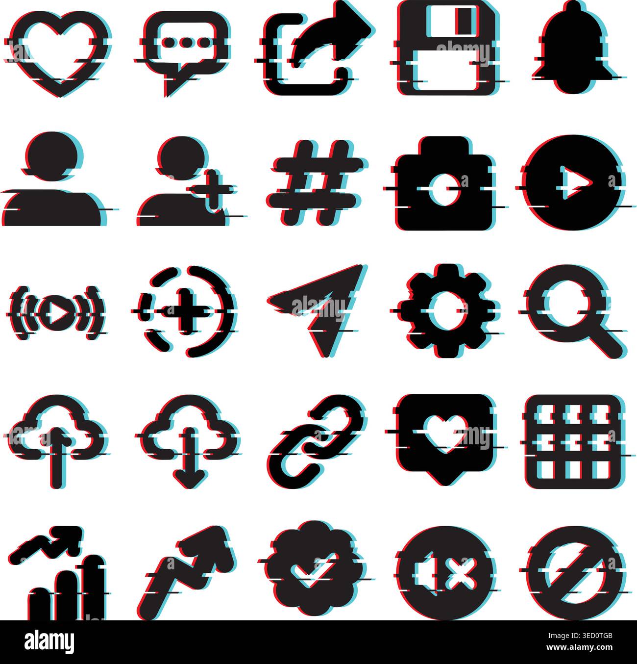 Set of modern social media and user interface icons with glitch distortion effect. Stock Vector