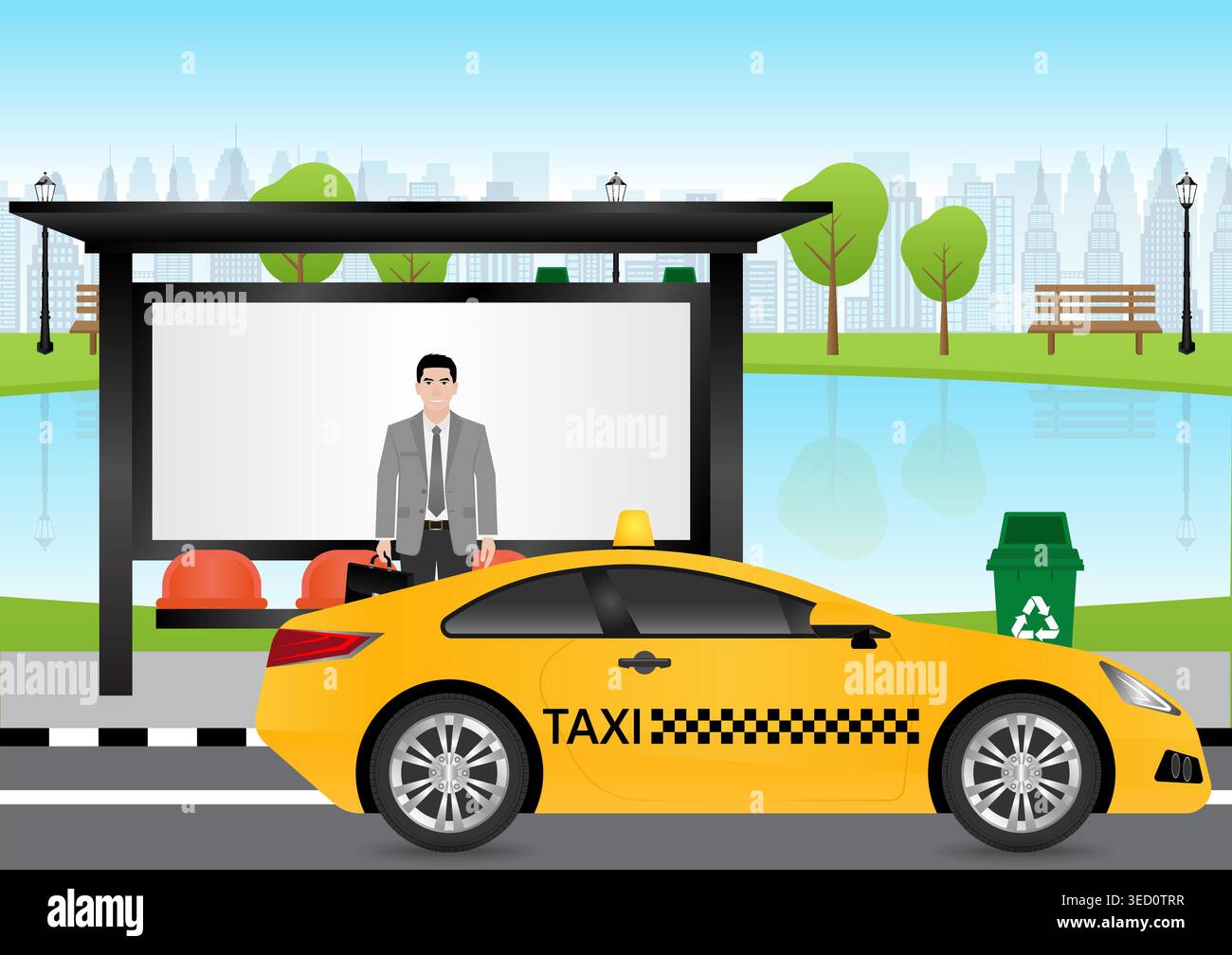 Taxi Drive along the Road in the City. Taxi Service Concept. Vector Illustration. Stock Vector