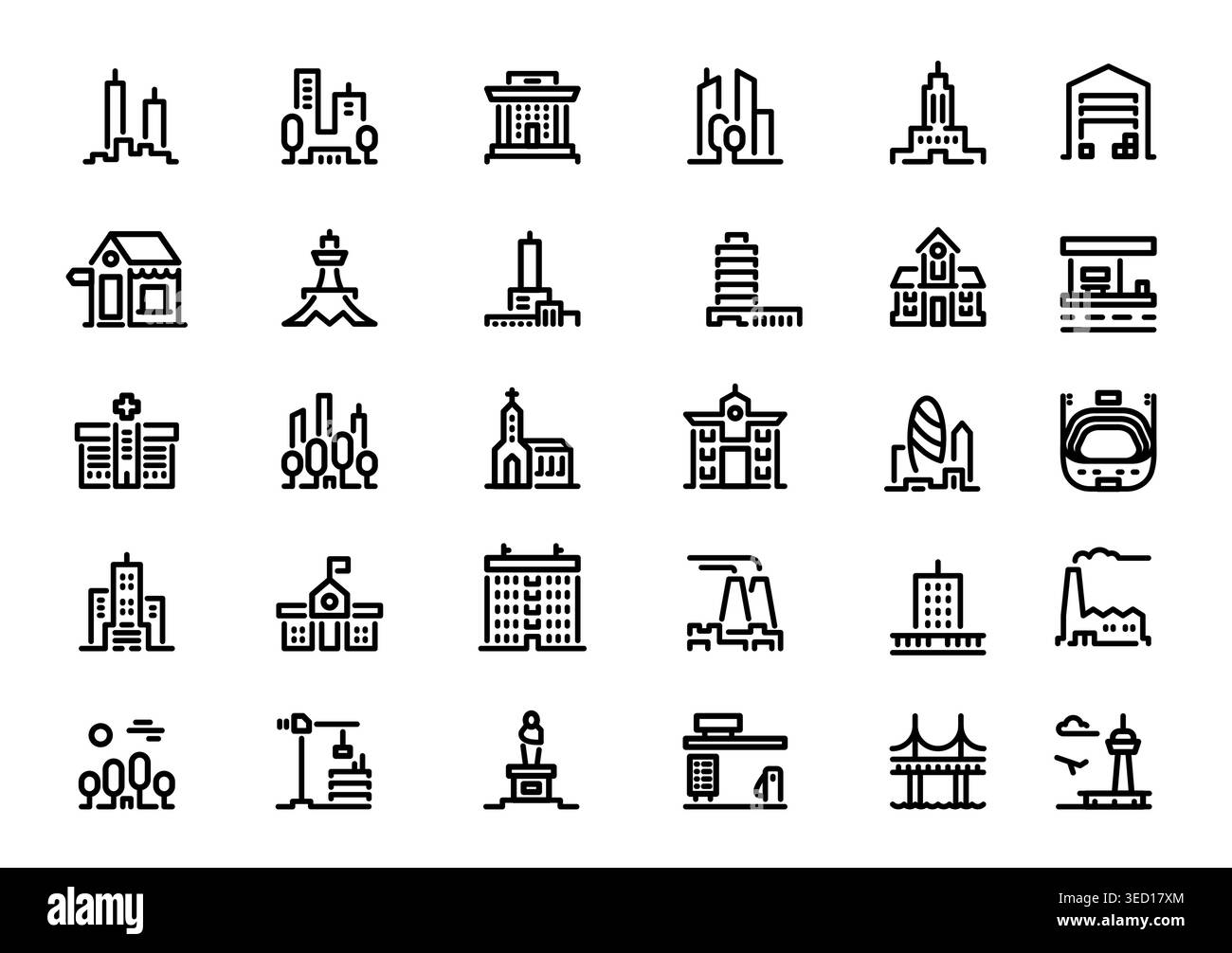 Urban architecture icon set with landmark towers and bridge outlines ...