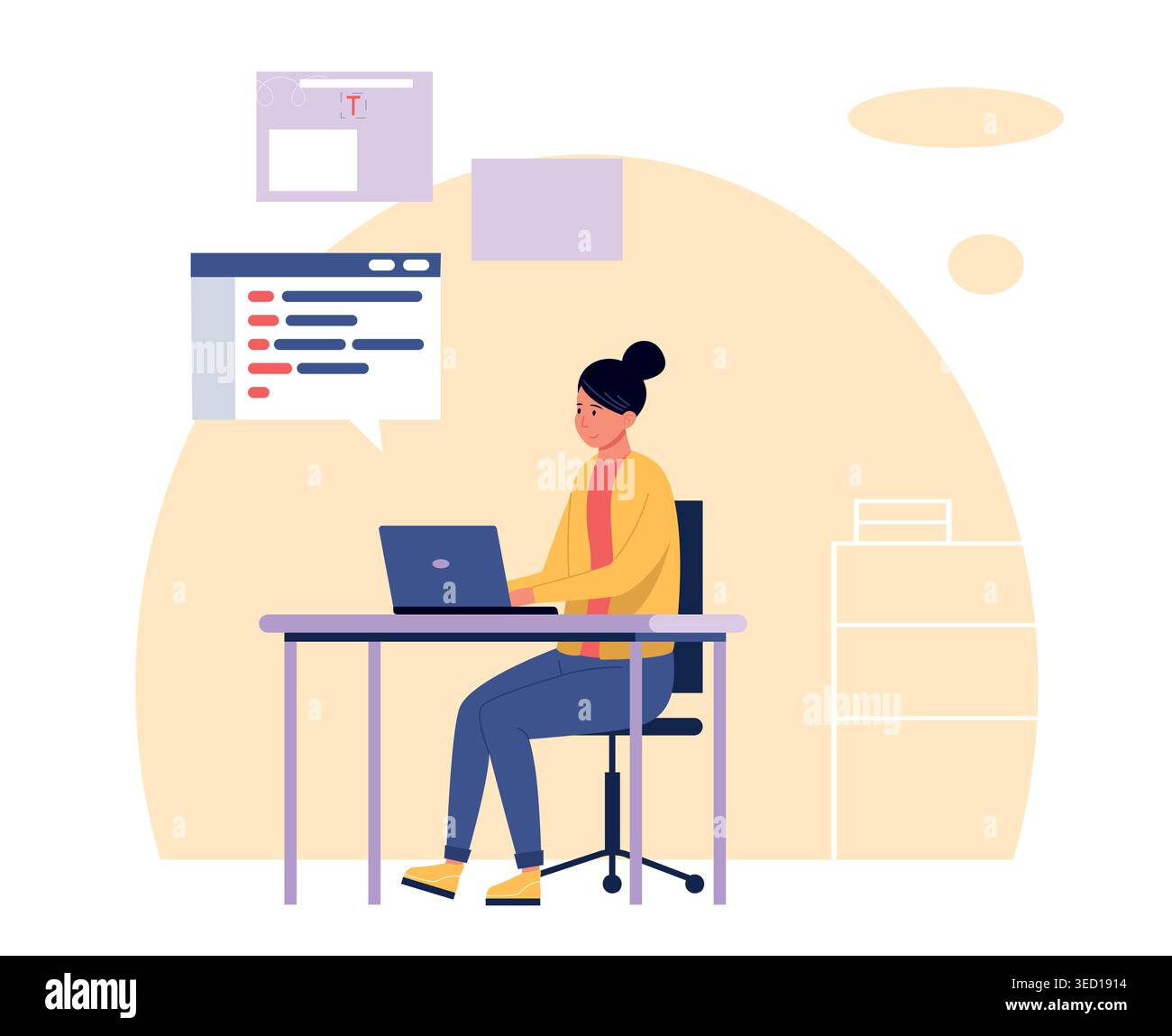 Programmer developer scene with coding laptop and UI interface for software engineering banners, remote workspace websites, and tech tutorial or Stock Vector