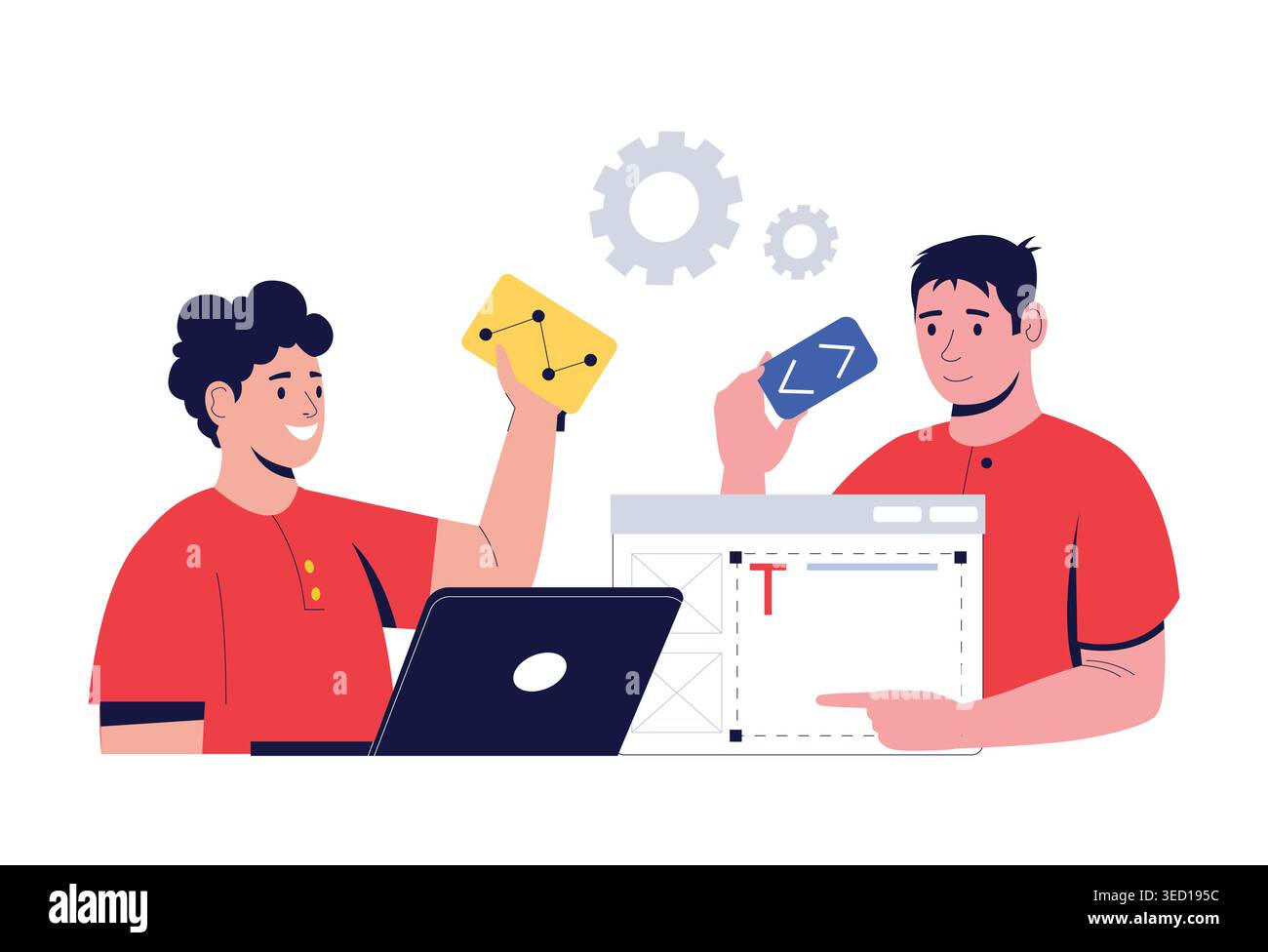 Developer teamwork scene with coding laptops and UI wireframes for software project banners, tech startup websites, and agile sprint or training Stock Vector