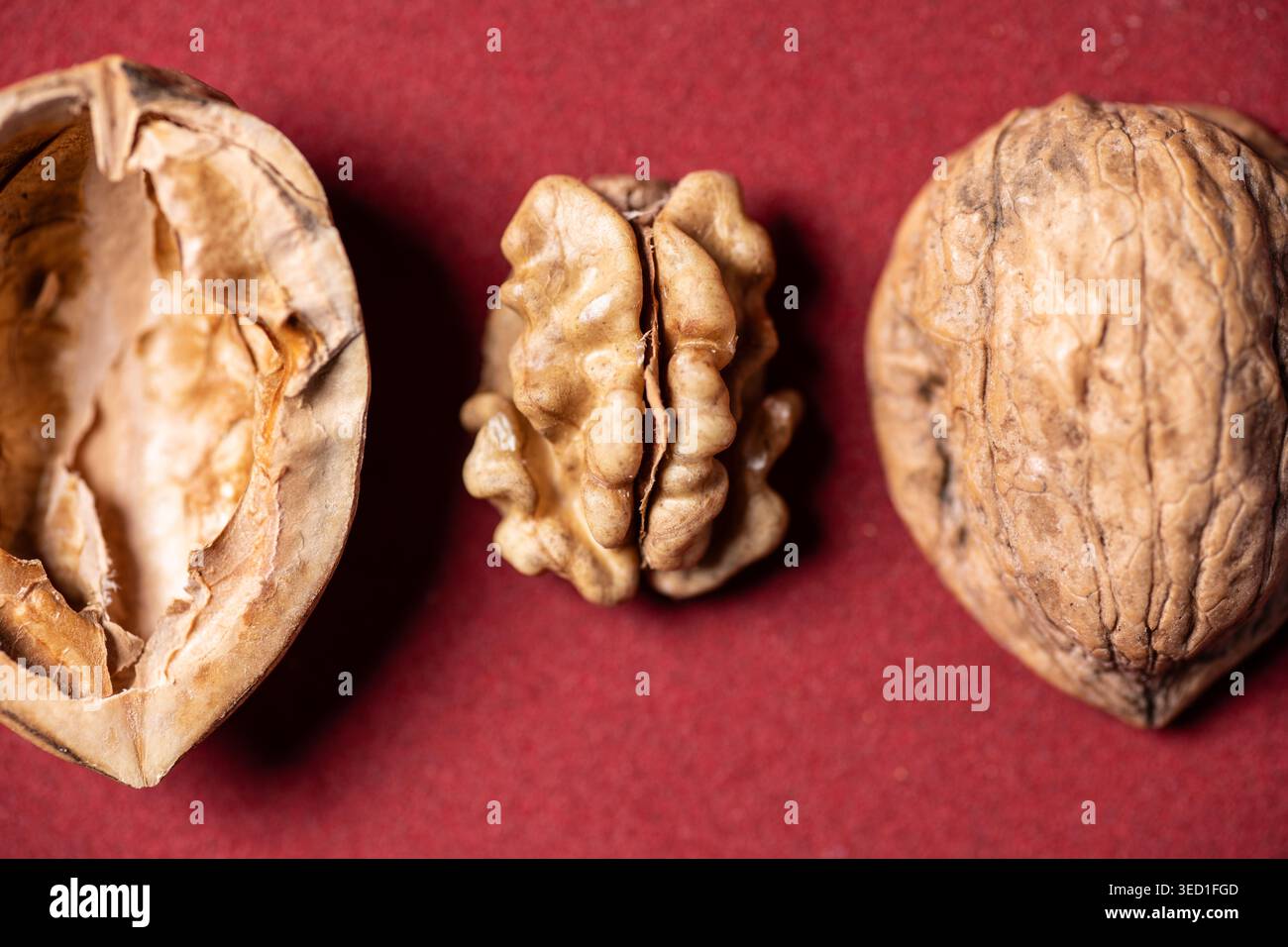 Walnuts display their shells and kernels on a red background. Stock Photo