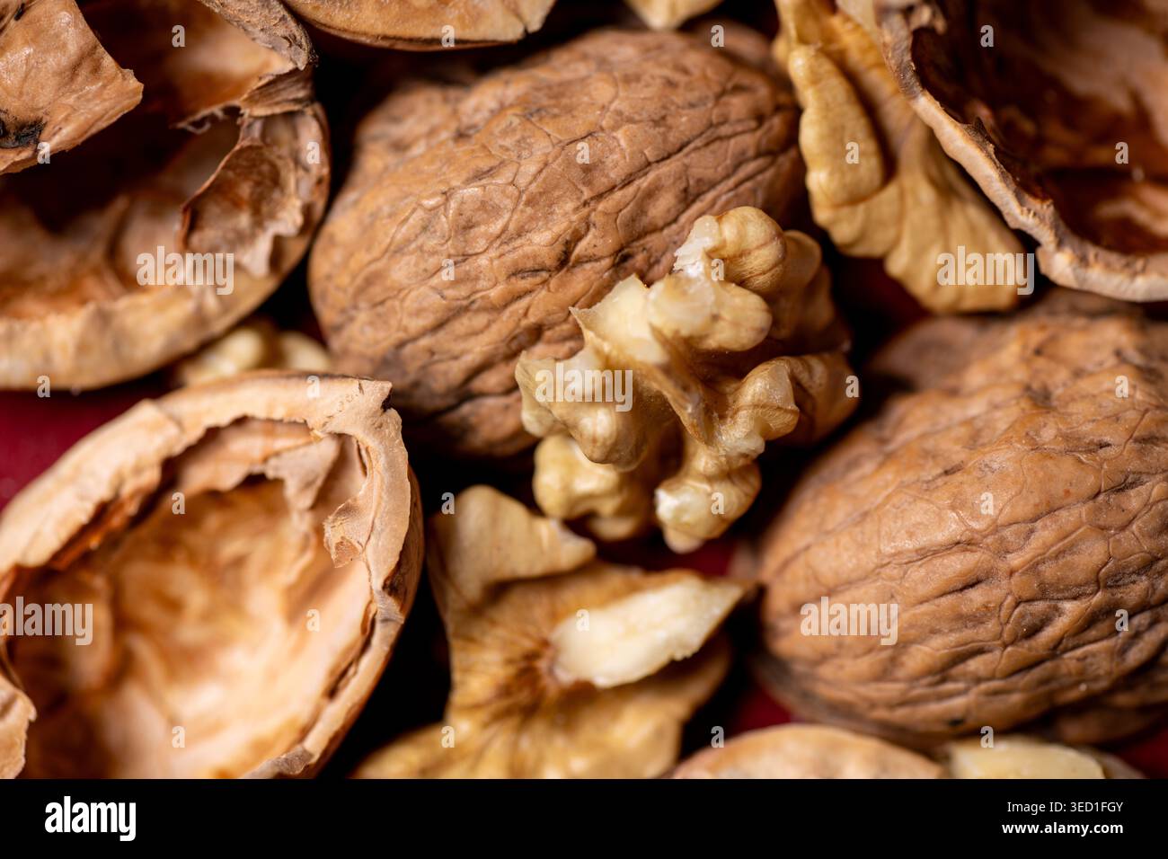 Shells of walnuts surround the nut on a red surface. Stock Photo