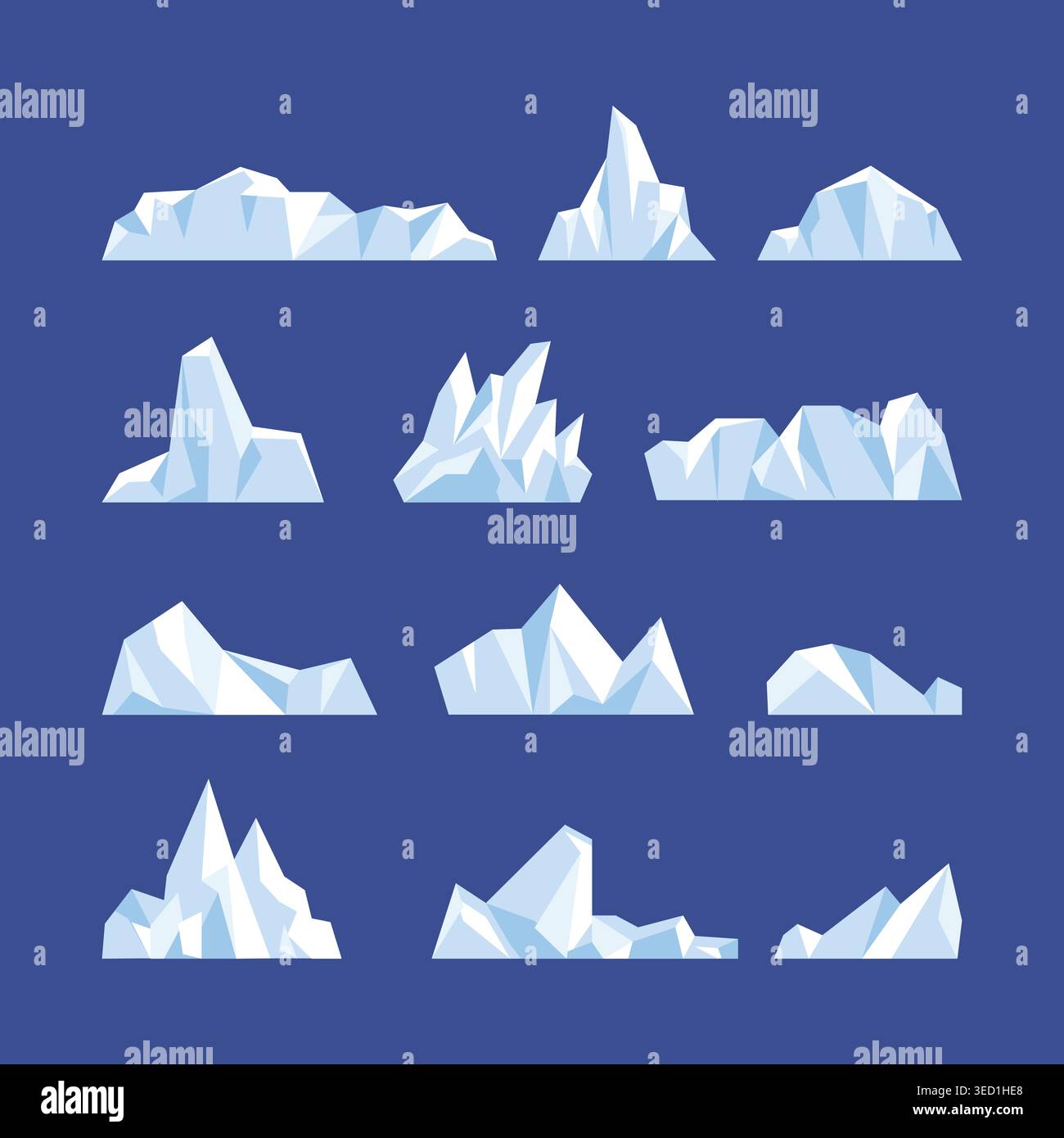 A collection of flat illustrations of icebergs in different shapes and sizes on a dark blue background. Stock Vector