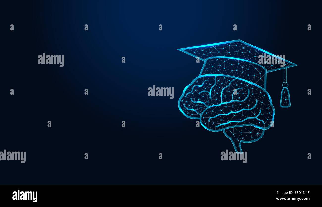 Low poly wireframe brain with graduation cap on dark blue background. Stock Vector