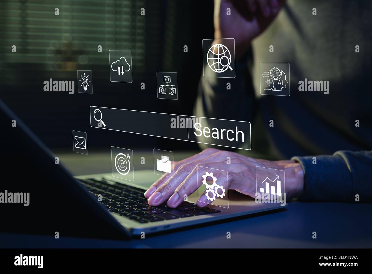 SEO search engine optimization concept. Person typing on laptop with digital search bar and marketing icons to represent web browsing data analysis, Stock Photo