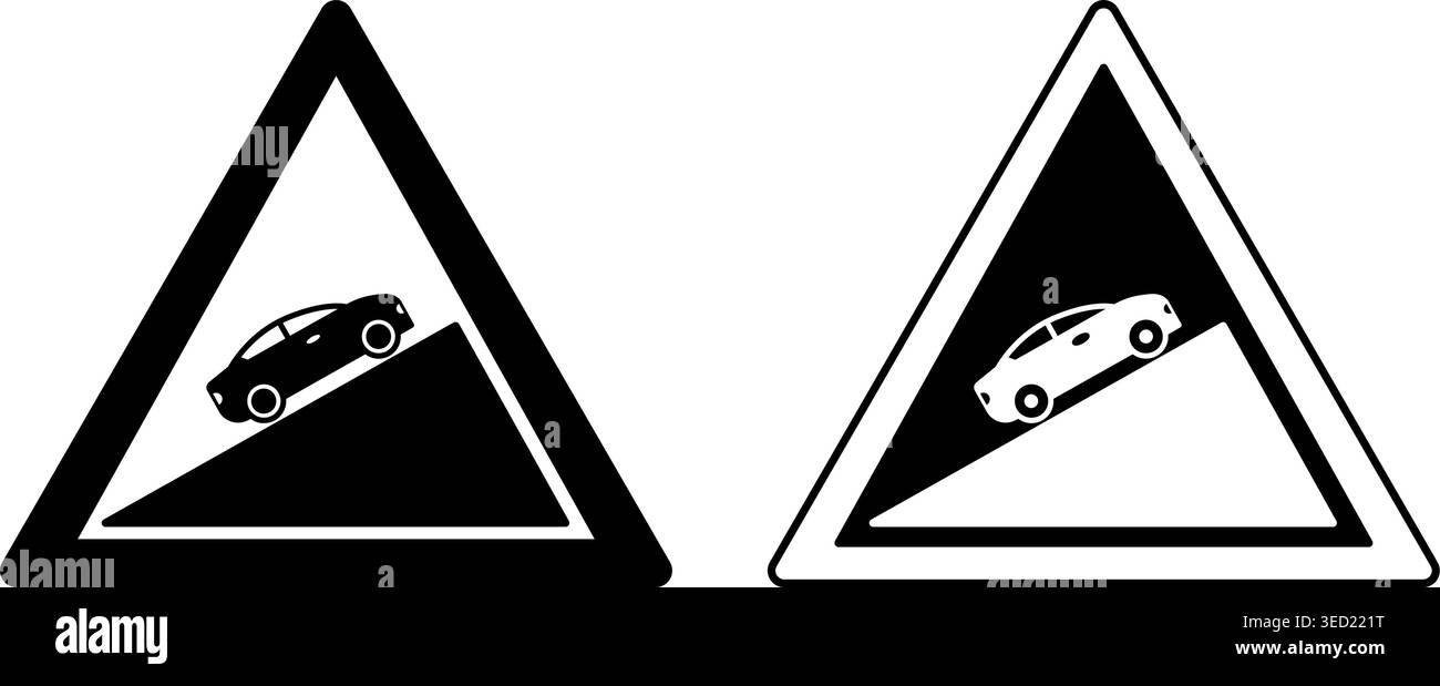 Steep Ascent Signs. Warning Road Signs. Car Going Up. Black and White Vector Icons Stock Vector