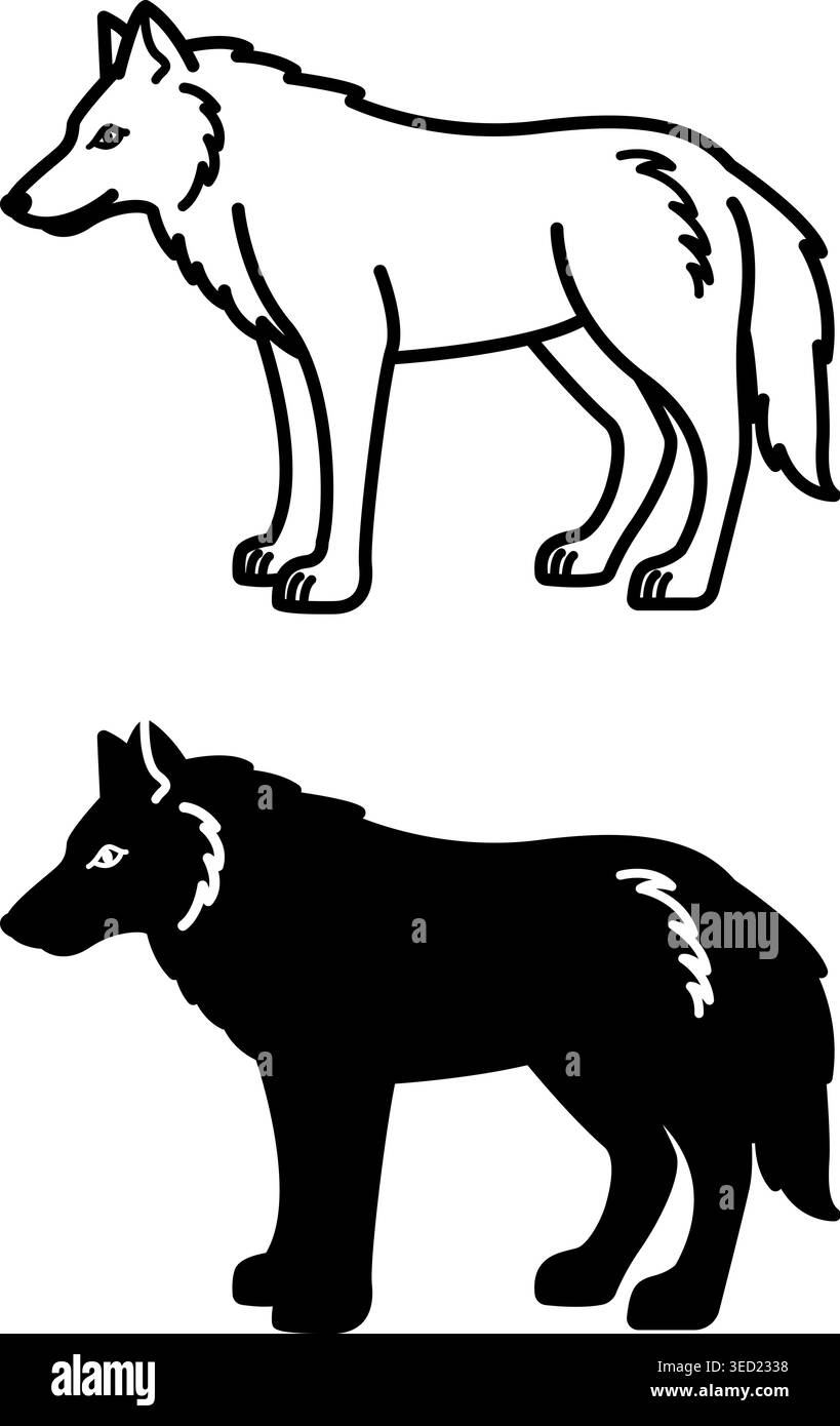 Wolf Icons. Black and White Vector Illustrations. Large Predatory Mammal. Symbol of Devotion and Fearlessness. For Coloring Book Design. Animal Concep Stock Vector