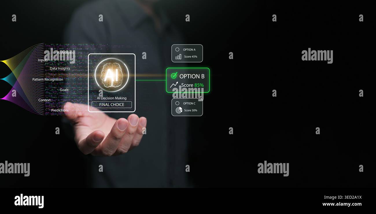Artificial intelligence decision making interface choosing best option from data inputs. AI analysis, pattern recognition, predictions, score ranking, Stock Photo