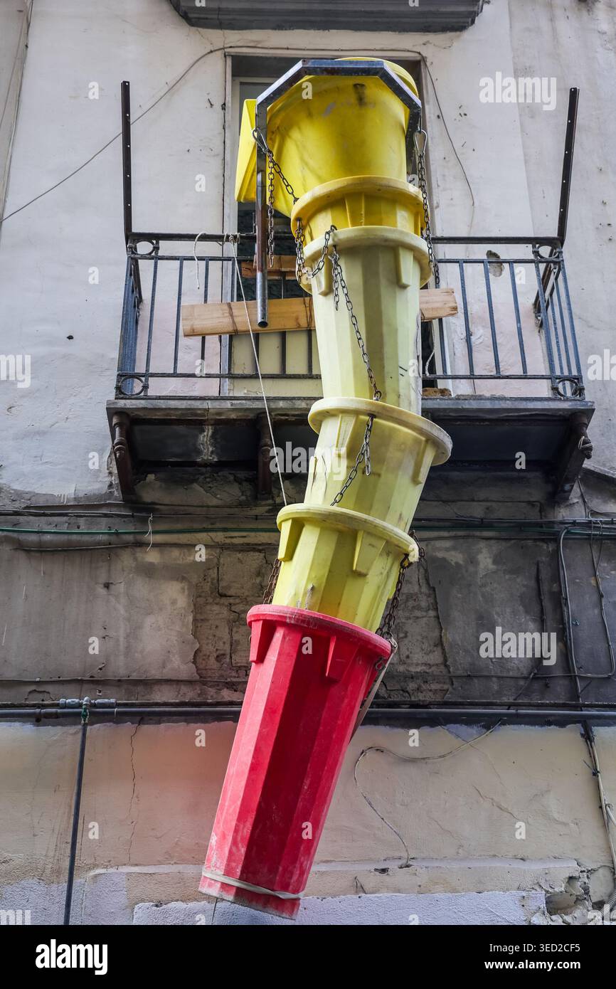 Plastic debris chute pipes connected for material removal during urban ...