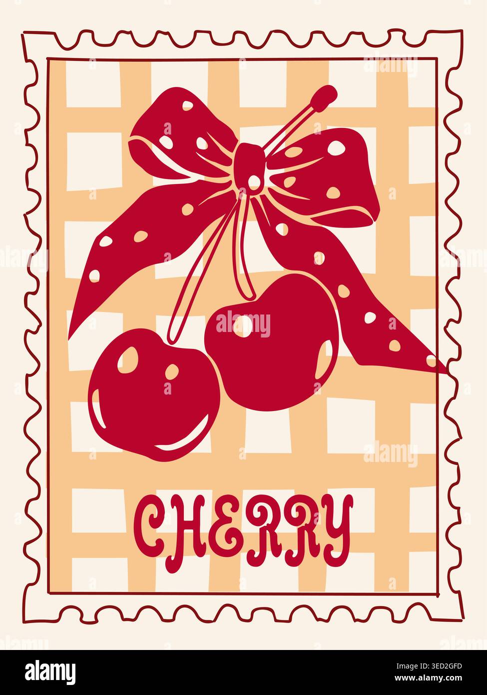 Red cherries dangle beneath a polka-dot ribbon bow Stock Vector