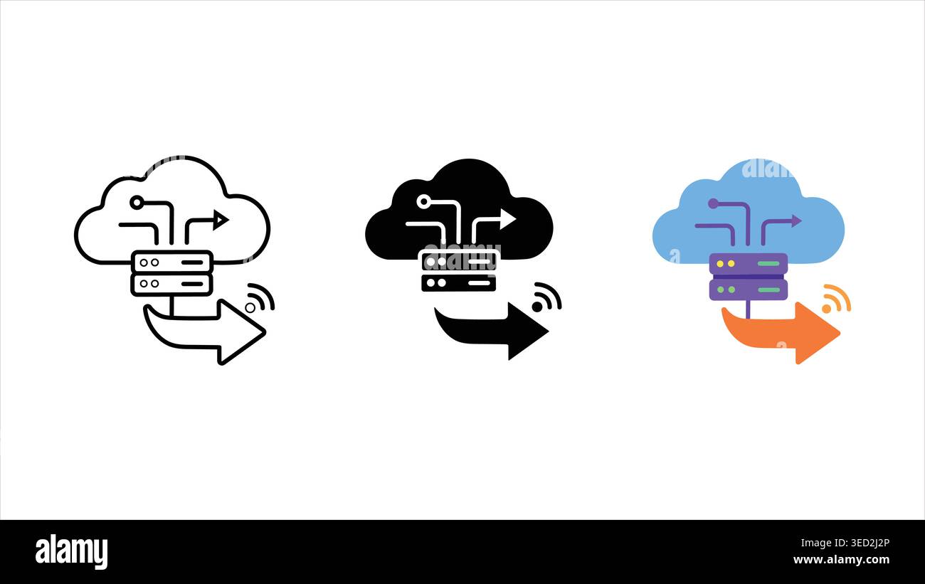 Cloud data transfer icon set outline solid and color vector server ...